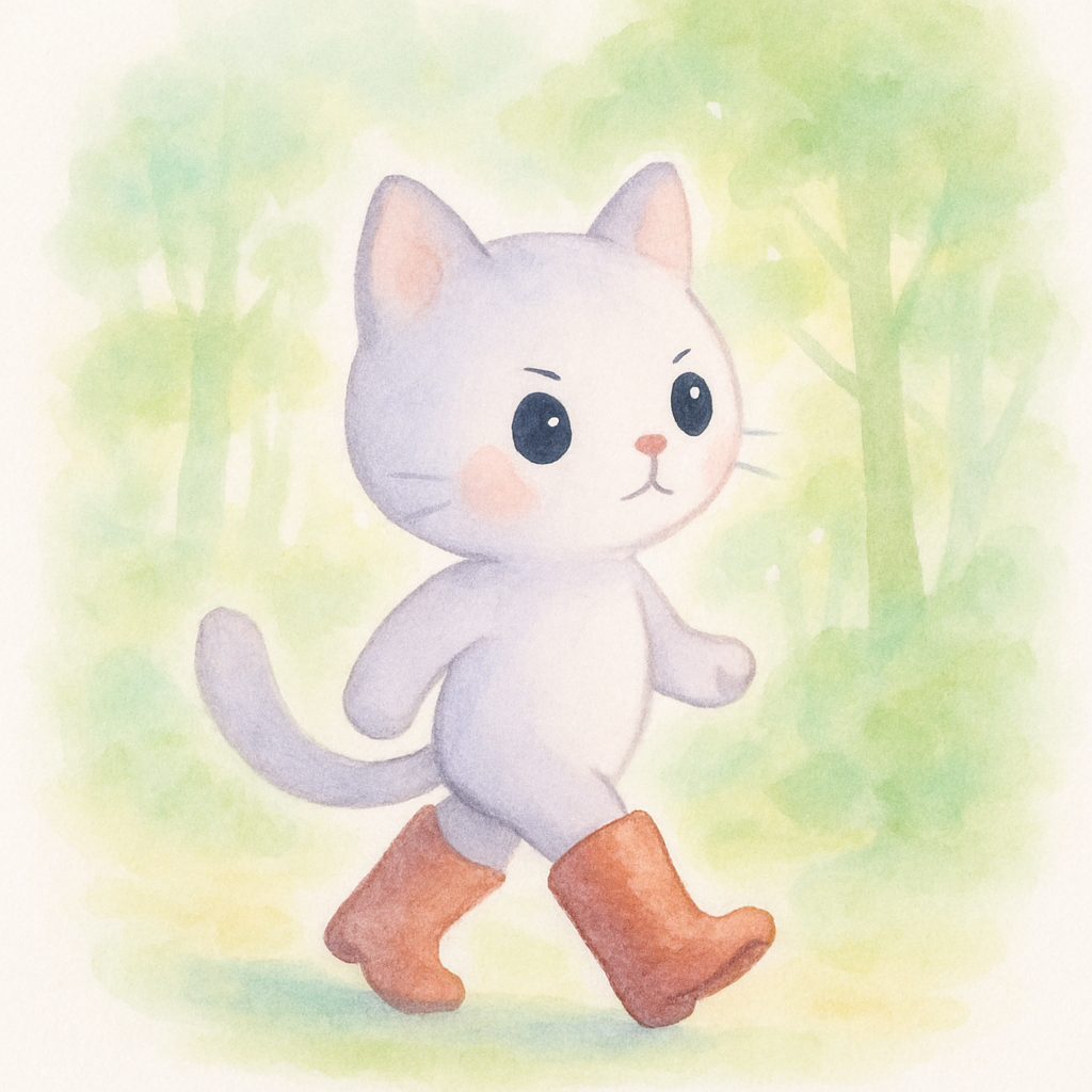 고양이가 멋진 장화를 신고 숲으로 향하는 장면